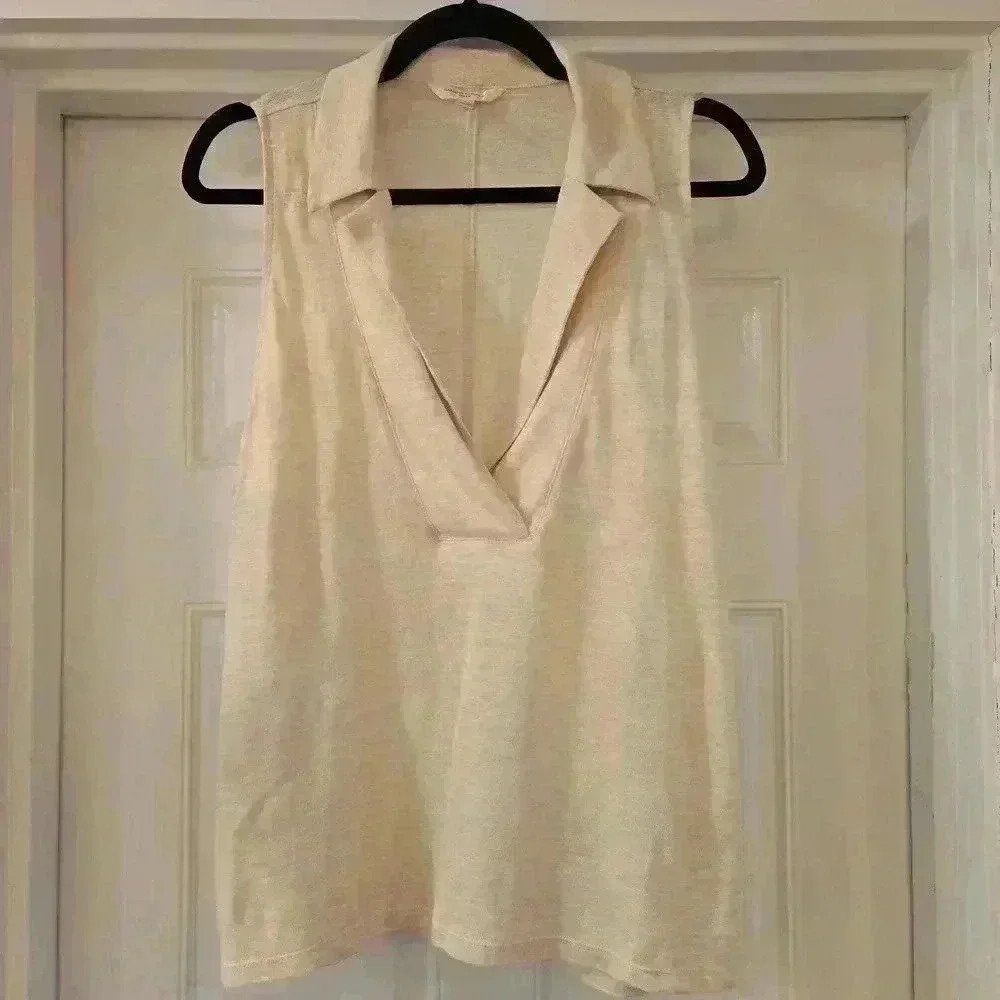 Banana Republic Womens Linen V-Neck Sleeveless Polo Neutral Bone Size Large